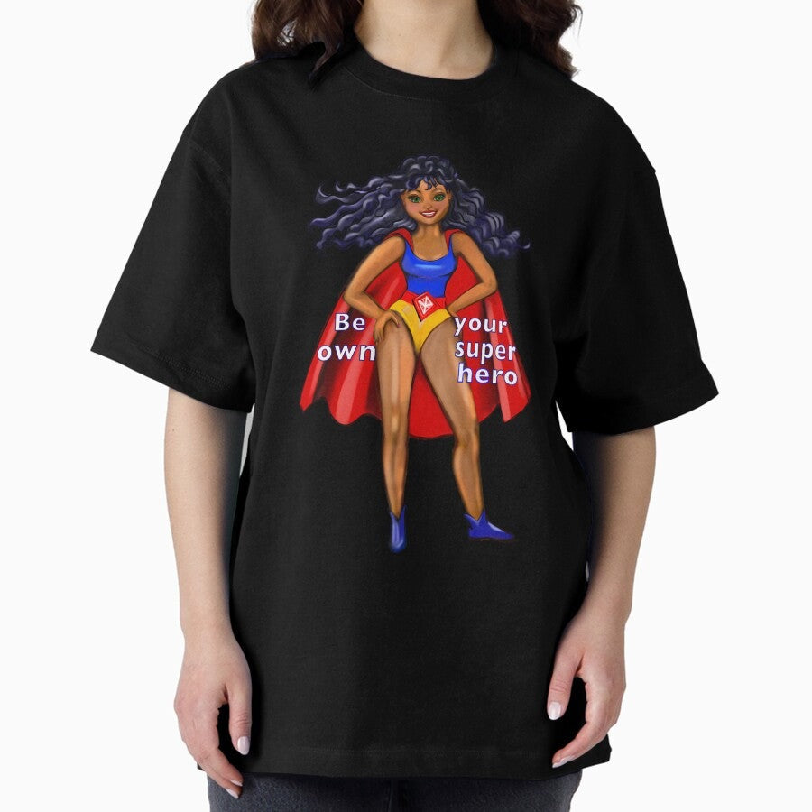 Be your own superhero - Black anime superhero with flowing hair and red cape ! beautiful black with Afro hair Oversized T-Shirt