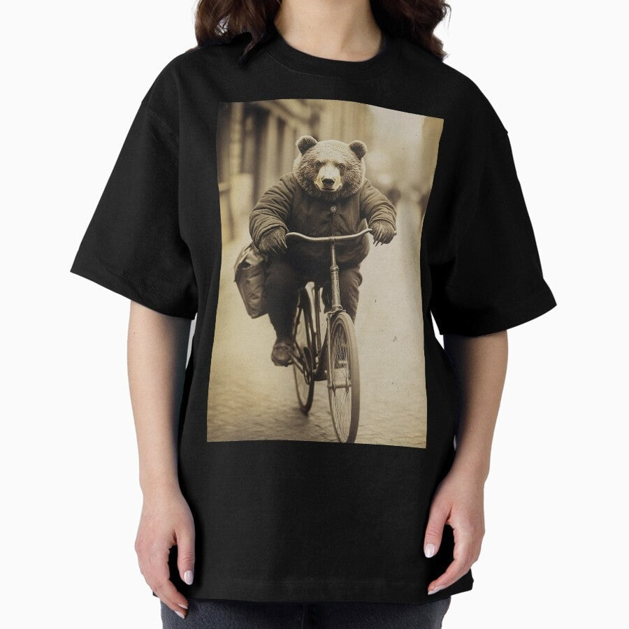Bear Riding A Bike Funny Vintage Animal Photo Oversized T Shirt
