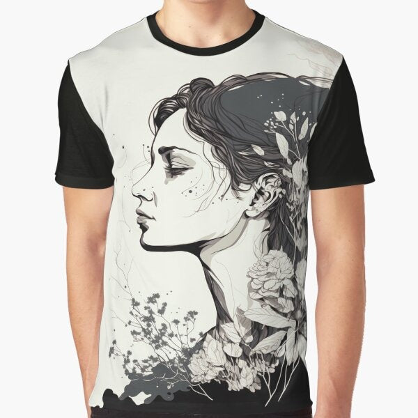 Beautiful Minimal Line Art Woman With Flowers Model 2 Graphic T Shirt