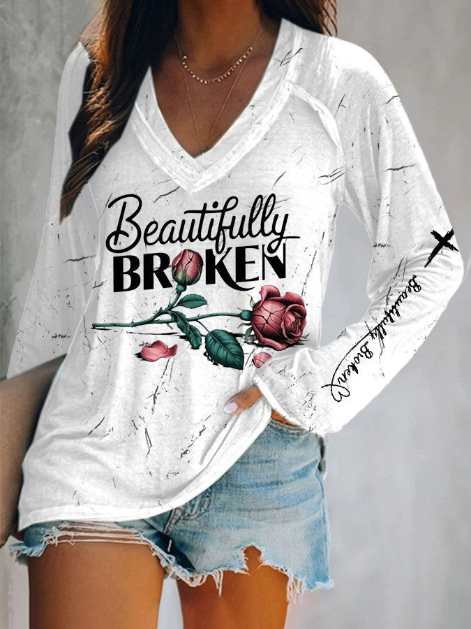 Beautifully Broken Rose Long Sleeve V-neck Shirt Country Music Lover Jelly Roll Fans Father's Day Gift for Husband