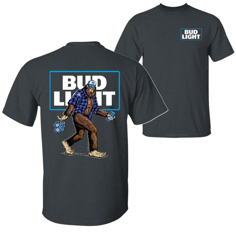 Bigfoot Bud Light T-Shirt, Sasquatch Holding Bud Beer Cans 2 Sided Graphic Printed Unisex Classic Comfort Cotton T-Shirt