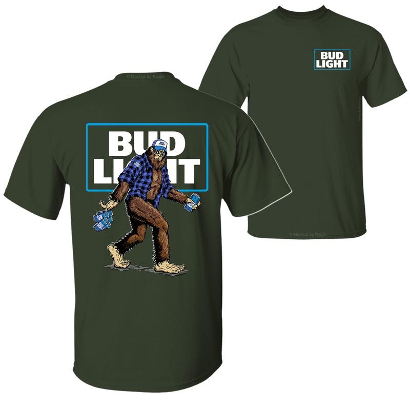 Bigfoot Bud Light T-Shirt, Sasquatch Holding Bud Beer Cans 2 Sided Graphic Printed Unisex Classic Comfort Cotton T-Shirt