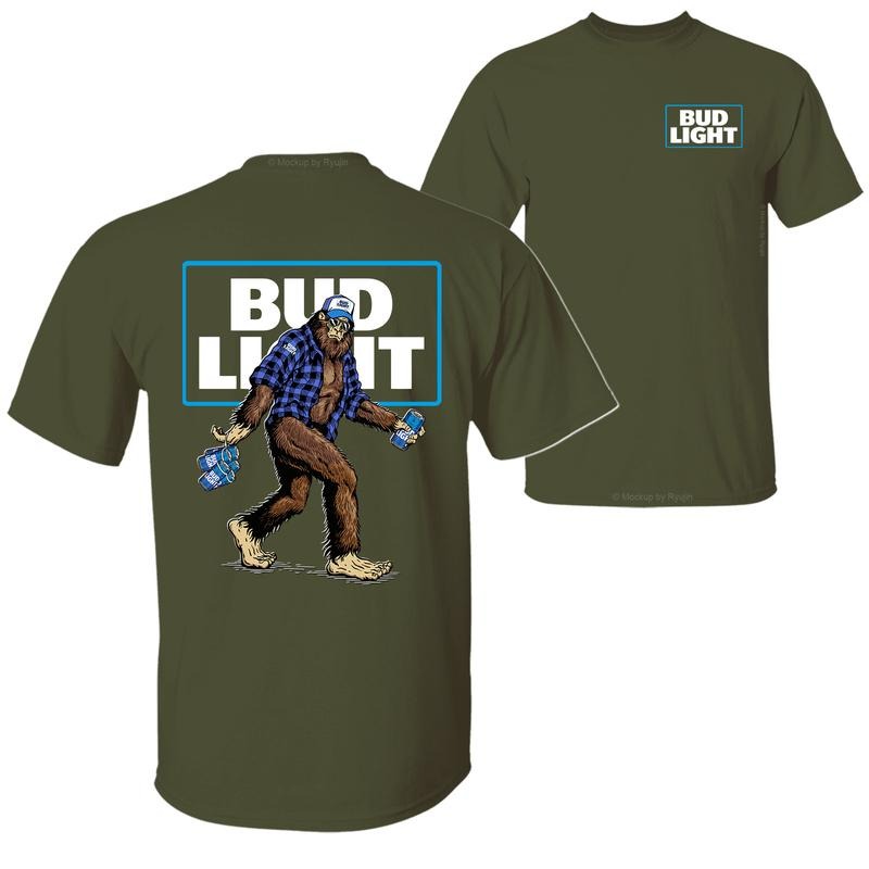 Bigfoot Bud Light T-Shirt, Sasquatch Holding Bud Beer Cans 2 Sided Graphic Printed Unisex Classic Comfort Cotton T-Shirt