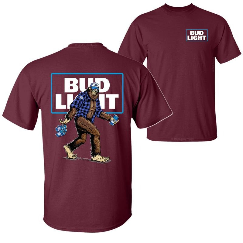 Bigfoot Bud Light T-Shirt, Sasquatch Holding Bud Beer Cans 2 Sided Graphic Printed Unisex Classic Comfort Cotton T-Shirt