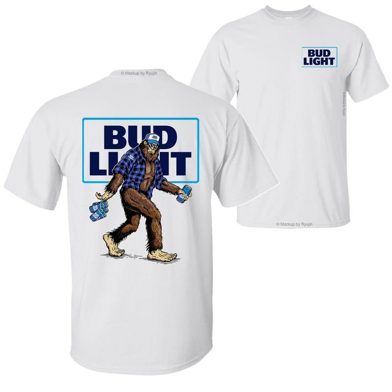 Bigfoot Bud Light T-Shirt, Sasquatch Holding Bud Beer Cans 2 Sided Graphic Printed Unisex Classic Comfort Cotton T-Shirt