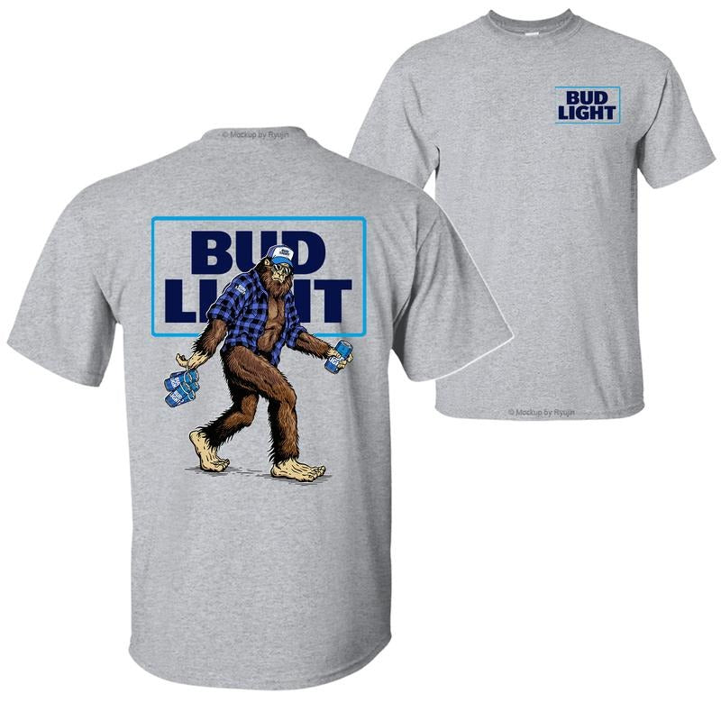 Bigfoot Bud Light T-Shirt, Sasquatch Holding Bud Beer Cans 2 Sided Graphic Printed Unisex Classic Comfort Cotton T-Shirt