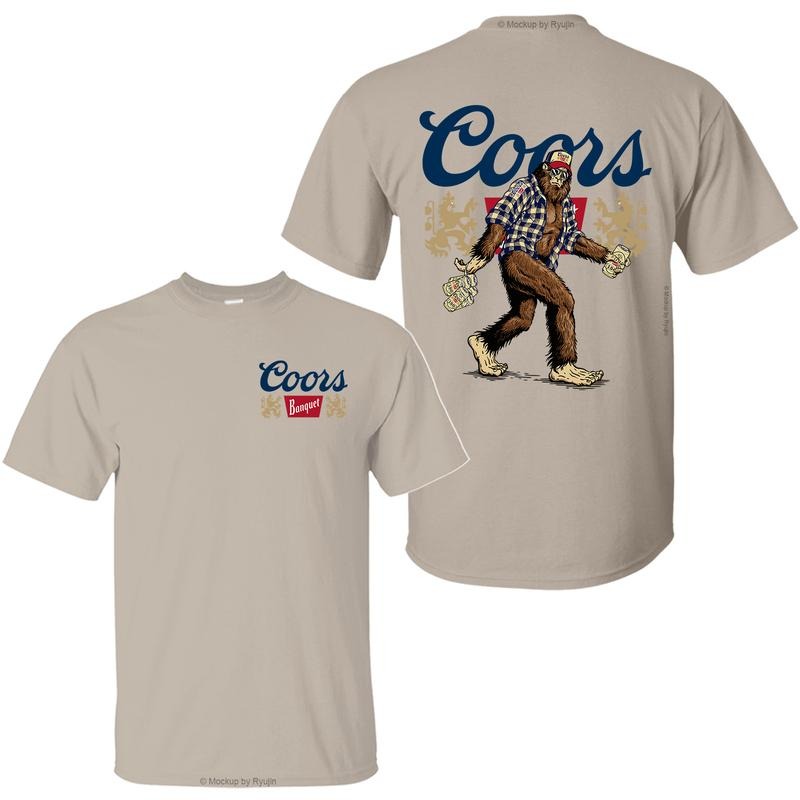 Bigfoot Coors Banquet T-Shirt, Sasquatch Holding Coors Banquet Beer Cans 2 Sided Graphic Printed Unisex Classic Comfort Cotton T-Shirt