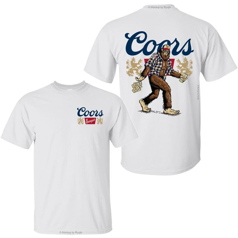 Bigfoot Coors Banquet T-Shirt, Sasquatch Holding Coors Banquet Beer Cans 2 Sided Graphic Printed Unisex Classic Comfort Cotton T-Shirt