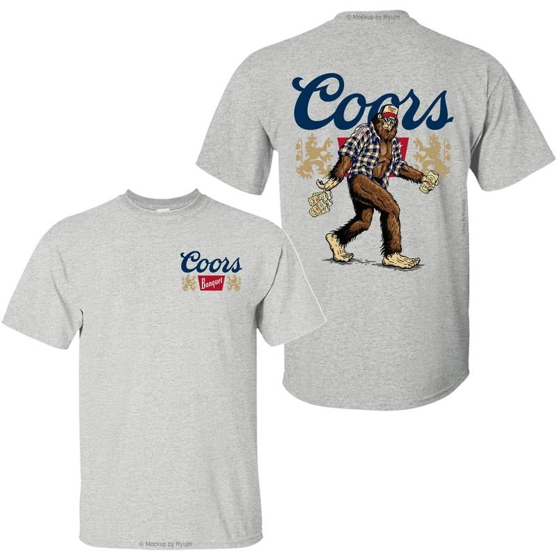 Bigfoot Coors Banquet T-Shirt, Sasquatch Holding Coors Banquet Beer Cans 2 Sided Graphic Printed Unisex Classic Comfort Cotton T-Shirt