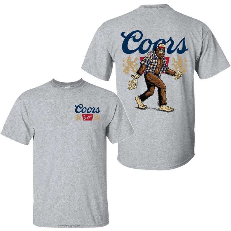 Bigfoot Coors Banquet T-Shirt, Sasquatch Holding Coors Banquet Beer Cans 2 Sided Graphic Printed Unisex Classic Comfort Cotton T-Shirt