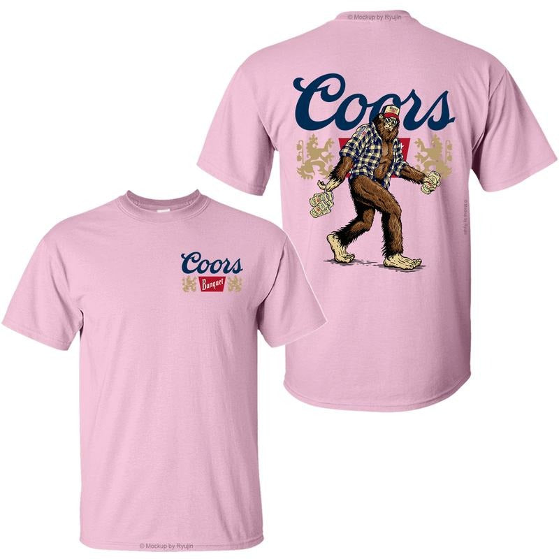 Bigfoot Coors Banquet T-Shirt, Sasquatch Holding Coors Banquet Beer Cans 2 Sided Graphic Printed Unisex Classic Comfort Cotton T-Shirt