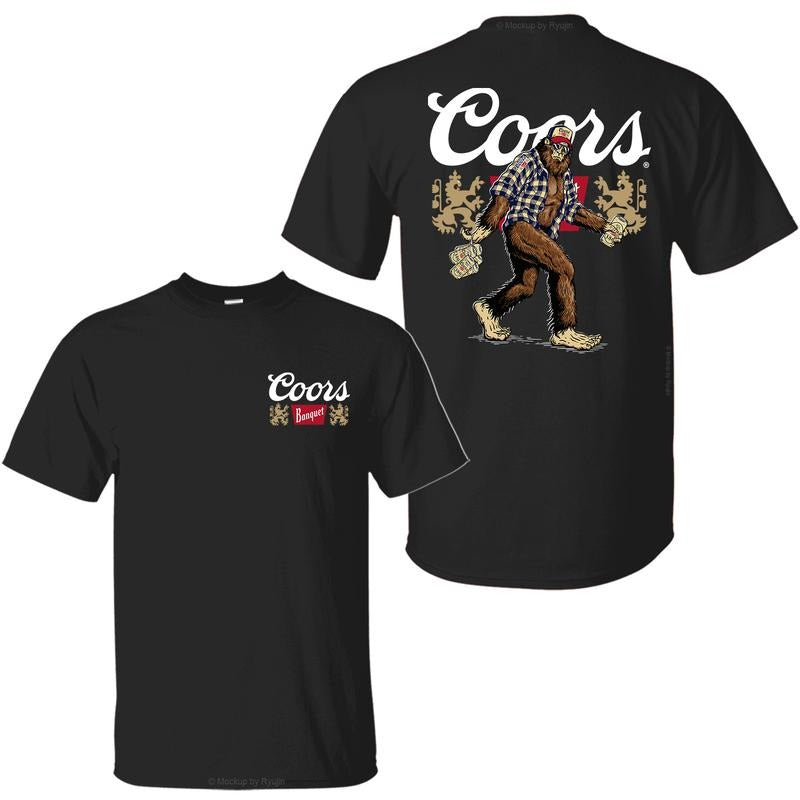 Bigfoot Coors Banquet T-Shirt, Sasquatch Holding Coors Banquet Beer Cans 2 Sided Graphic Printed Unisex Classic Comfort Cotton T-Shirt