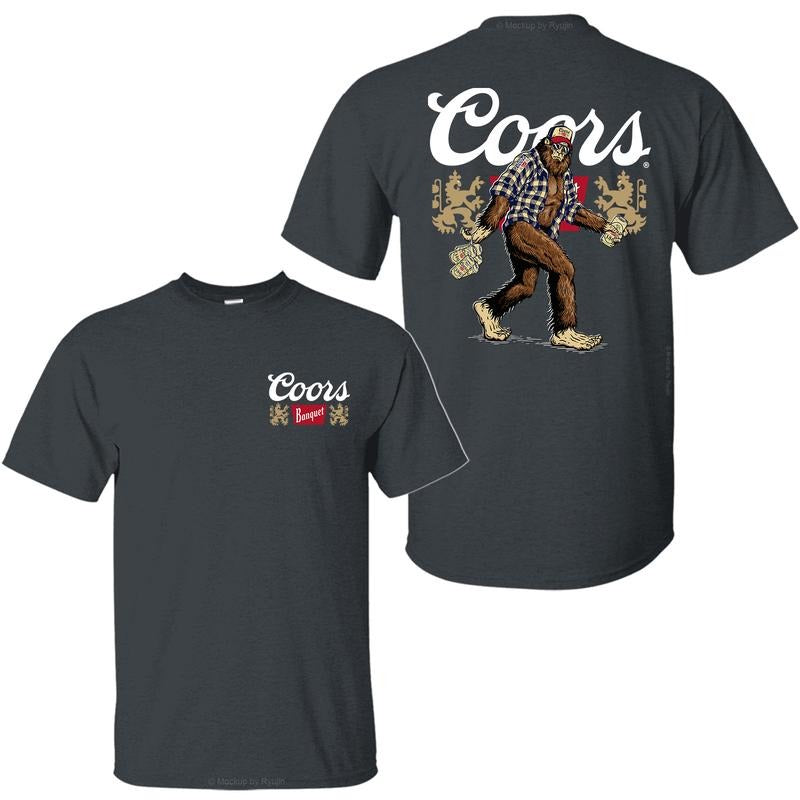Bigfoot Coors Banquet T-Shirt, Sasquatch Holding Coors Banquet Beer Cans 2 Sided Graphic Printed Unisex Classic Comfort Cotton T-Shirt