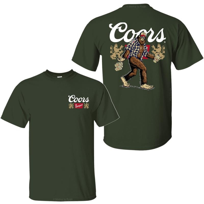 Bigfoot Coors Banquet T-Shirt, Sasquatch Holding Coors Banquet Beer Cans 2 Sided Graphic Printed Unisex Classic Comfort Cotton T-Shirt