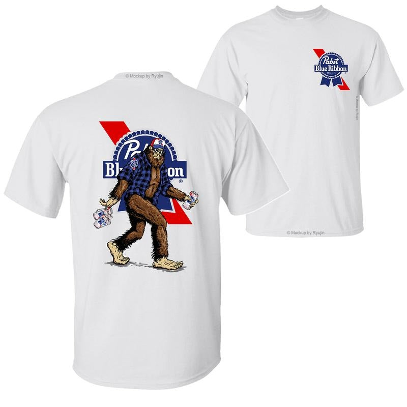 Bigfoot Pabst Blue Ribon T-Shirt Hoodie, 2 Sided Graphic Printed Unisex Classic Comfort Cotton T-Shirt Collar Menswear