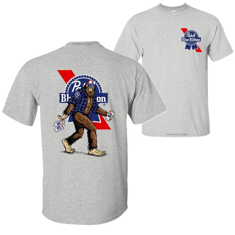 Bigfoot Pabst Blue Ribon T-Shirt Hoodie, 2 Sided Graphic Printed Unisex Classic Comfort Cotton T-Shirt Collar Menswear