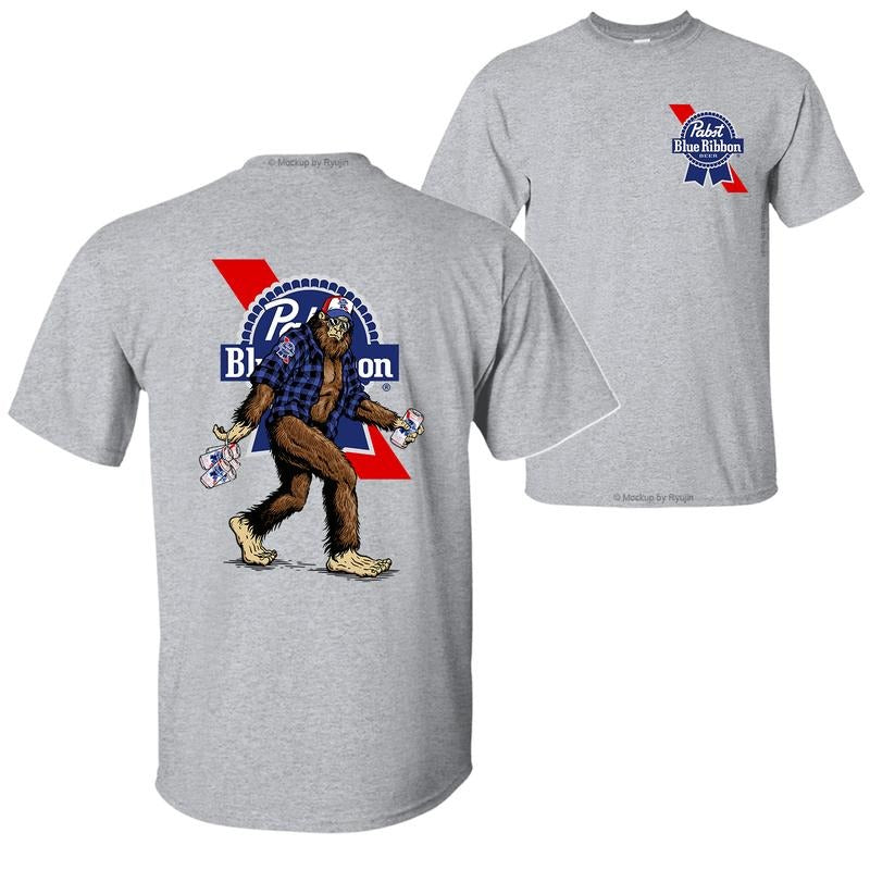 Bigfoot Pabst Blue Ribon T-Shirt Hoodie, 2 Sided Graphic Printed Unisex Classic Comfort Cotton T-Shirt Collar Menswear