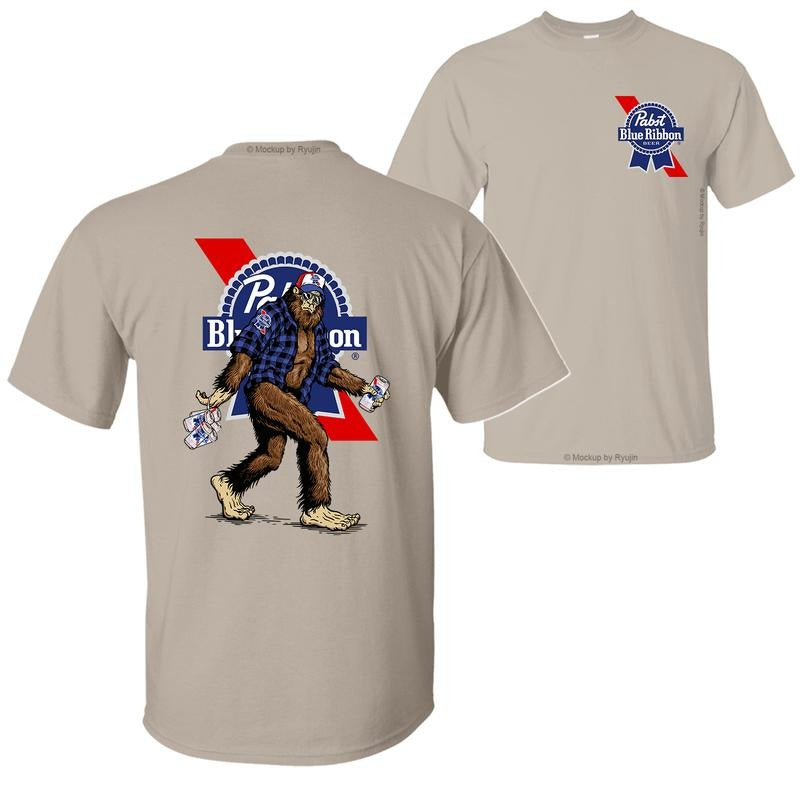 Bigfoot Pabst Blue Ribon T-Shirt Hoodie, 2 Sided Graphic Printed Unisex Classic Comfort Cotton T-Shirt Collar Menswear
