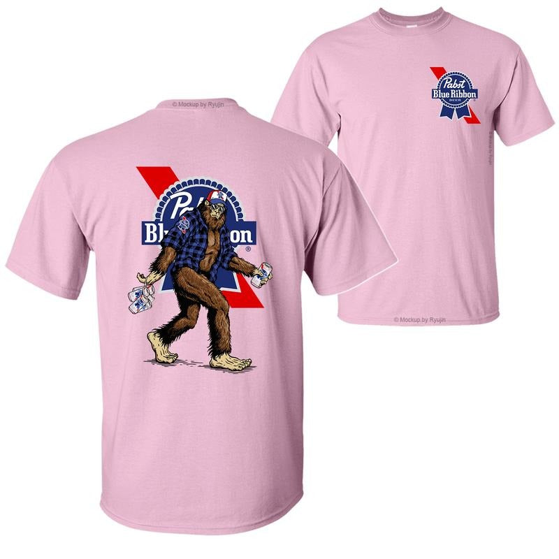 Bigfoot Pabst Blue Ribon T-Shirt Hoodie, 2 Sided Graphic Printed Unisex Classic Comfort Cotton T-Shirt Collar Menswear