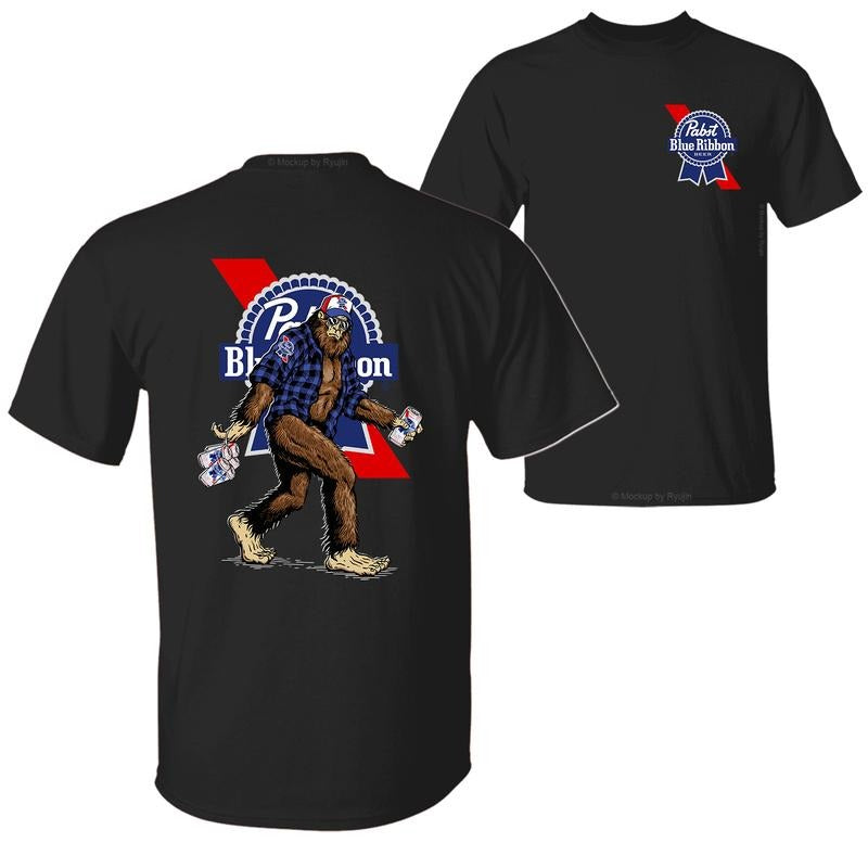 Bigfoot Pabst Blue Ribon T-Shirt Hoodie, 2 Sided Graphic Printed Unisex Classic Comfort Cotton T-Shirt Collar Menswear