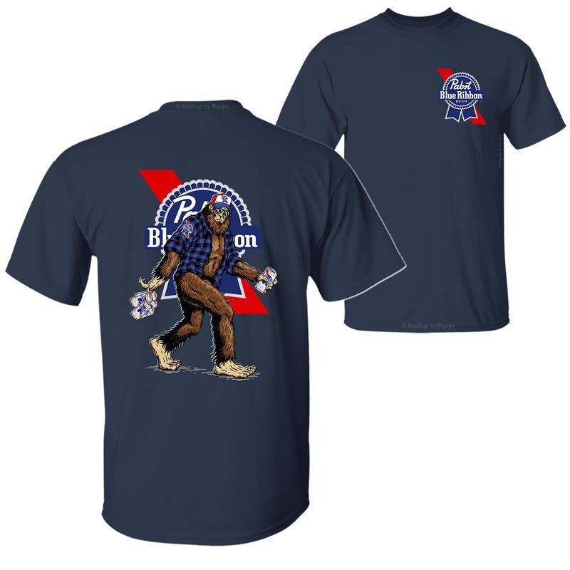 Bigfoot Pabst Blue Ribon T-Shirt Hoodie, 2 Sided Graphic Printed Unisex Classic Comfort Cotton T-Shirt Collar Menswear