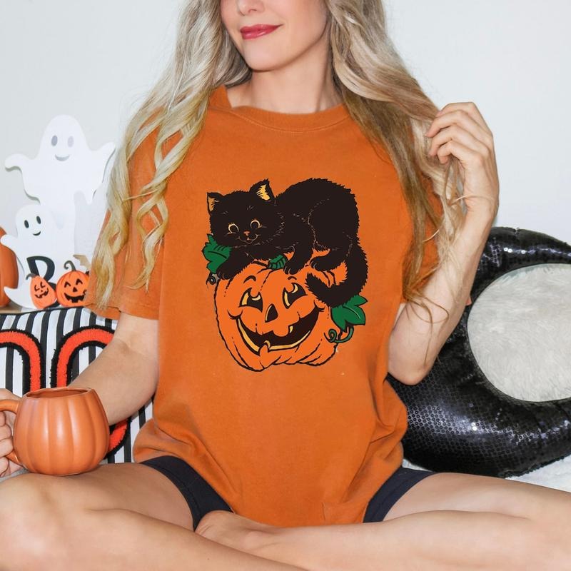 Black Cat Pumpkin T-Shirt Sweatshirt, Fall Sweatshirt, Halloween Sweatshirt, Black Cat Halloween Shirt, Vintage Halloween Shirt, Halloween 2024