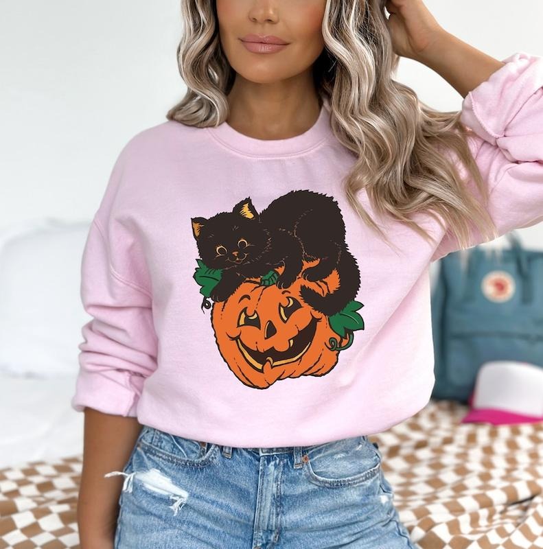 Black Cat Pumpkin T-Shirt Sweatshirt, Fall Sweatshirt, Halloween Sweatshirt, Black Cat Halloween Shirt, Vintage Halloween Shirt, Halloween 2024