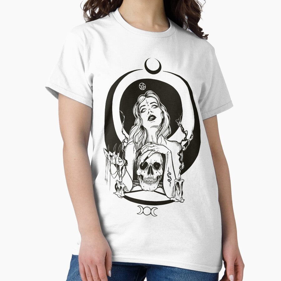 Black Magic Woman Ritual Vintage Witch Moonchild Goth Girl Nocturnal Art Gothic Aesthetic Witchcraft Black Magic Art Sexy Vamp Skull Design Occult Art Classic T Shirt