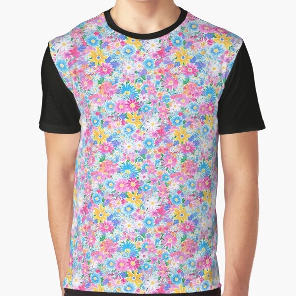 Blue Purple Pink Vibrant Floral Pattern Graphic T Shirt