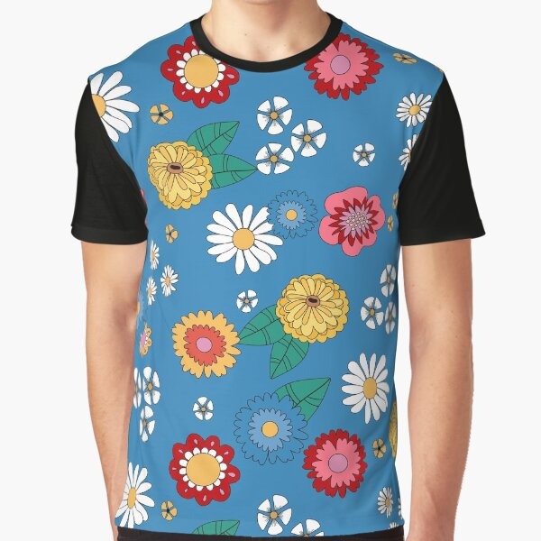 Blue Retro Flowers Graphic T-Shirt