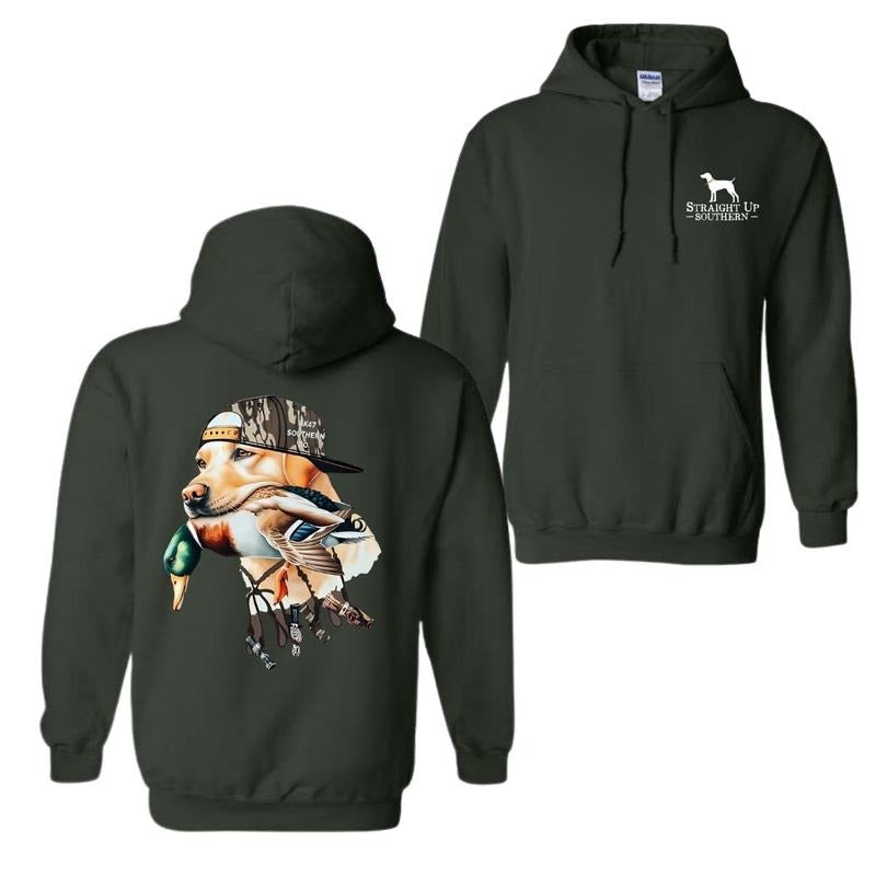 Bold Hunting Dog with Duck Graphic, Perfect for Outdoor Enthusiasts and Waterfowl Hunters, Unisex Hoodie Fabric Menswear Fabric Menswear