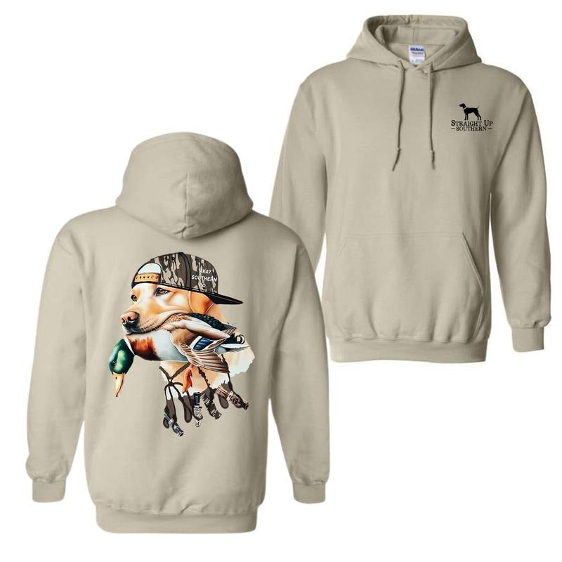 Bold Hunting Dog with Duck Graphic, Perfect for Outdoor Enthusiasts and Waterfowl Hunters, Unisex Hoodie Fabric Menswear Fabric Menswear
