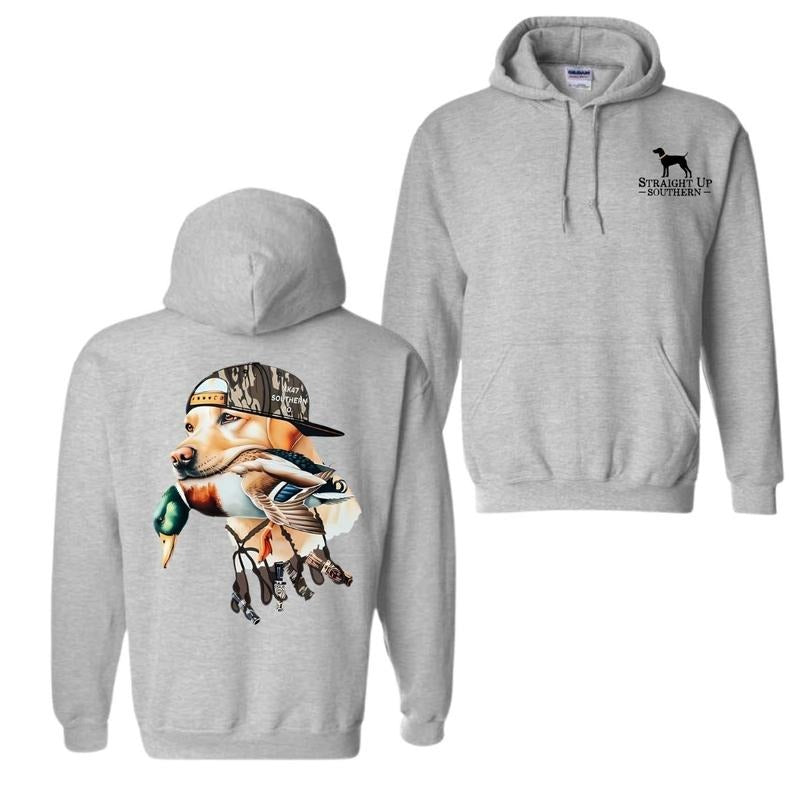 Bold Hunting Dog with Duck Graphic, Perfect for Outdoor Enthusiasts and Waterfowl Hunters, Unisex Hoodie Fabric Menswear Fabric Menswear