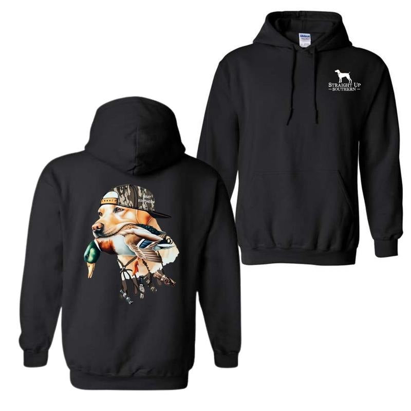 Bold Hunting Dog with Duck Graphic, Perfect for Outdoor Enthusiasts and Waterfowl Hunters, Unisex Hoodie Fabric Menswear Fabric Menswear