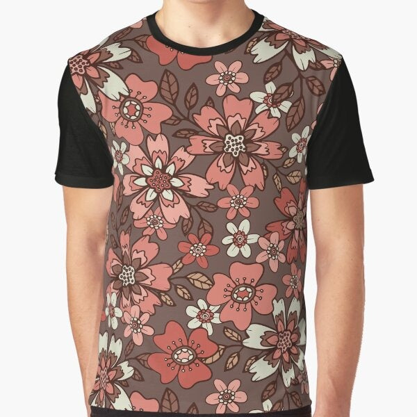 Brown Pink Retro Floral Pattern Graphic T Shirt