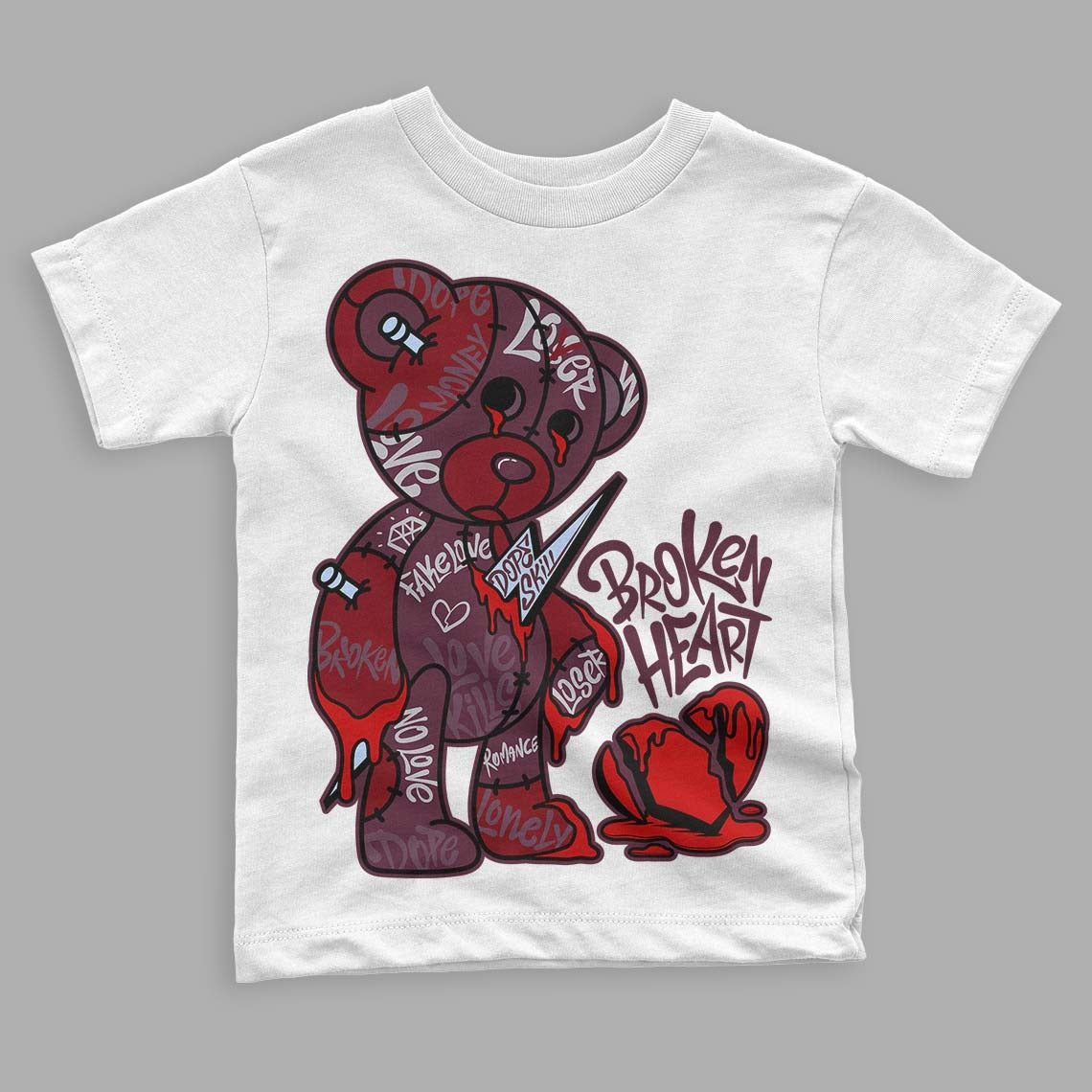Burgundy 5s DopeSkill Toddler Kids T-shirt Broken Heart Graphic