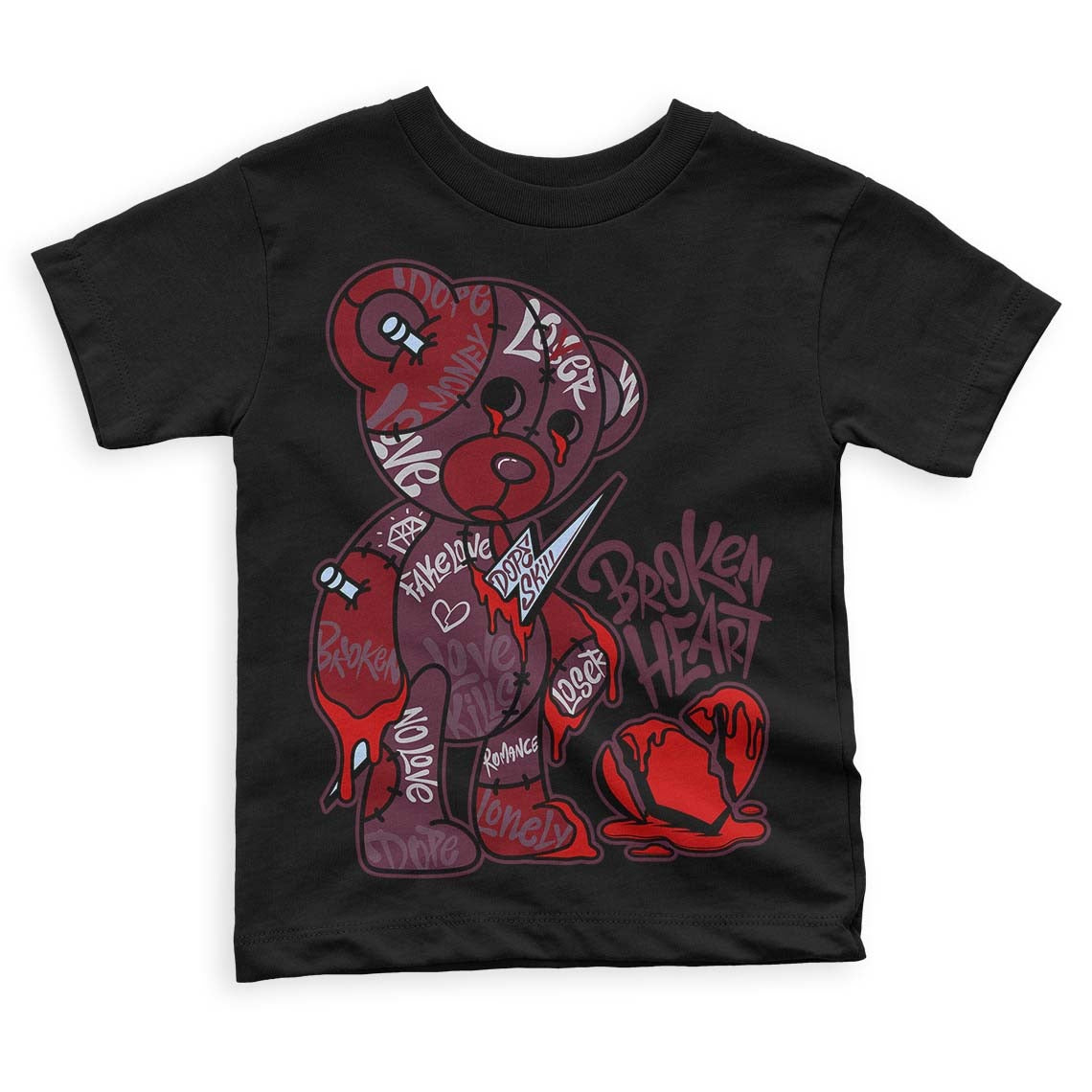 Burgundy 5s DopeSkill Toddler Kids T-shirt Broken Heart Graphic