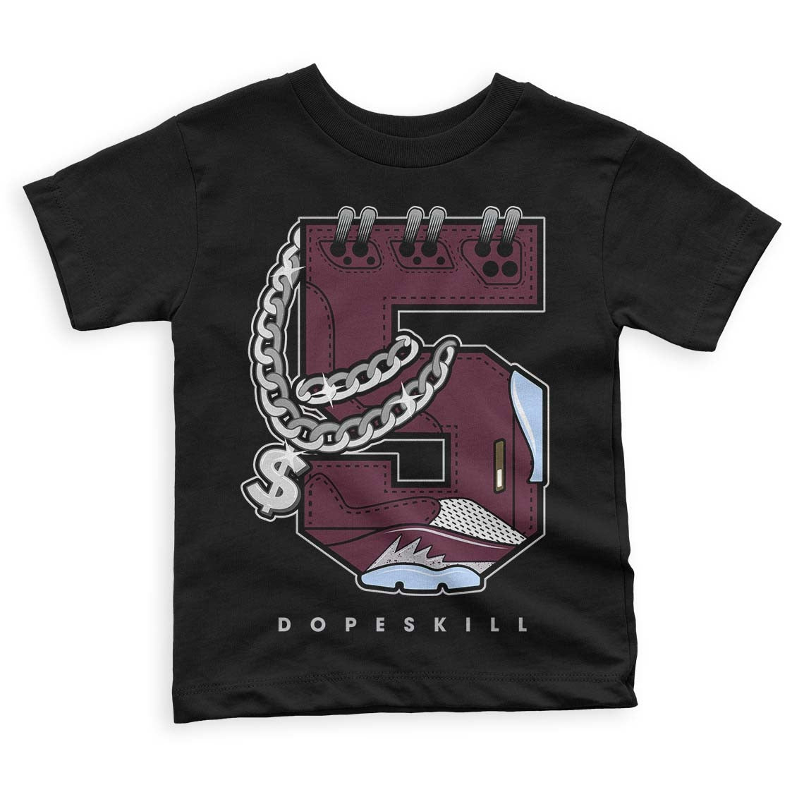 Burgundy 5s DopeSkill Toddler Kids T-shirt No.5 Graphic