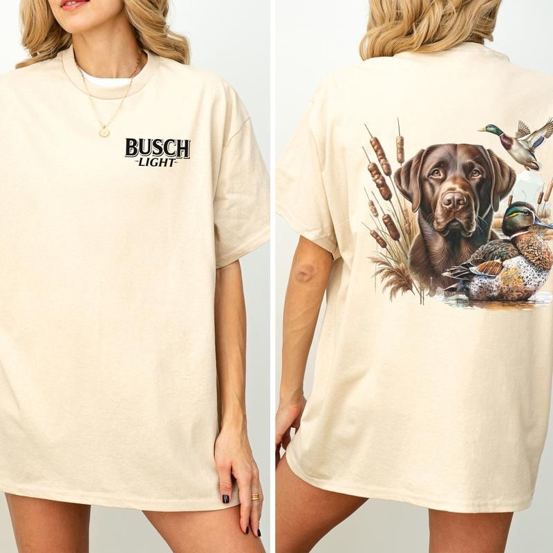Busch Light Dog and Duck Graphic 2-Sided Shirt, Vintage Mallard Hunting Tshirt, Outdoors Dog Hunting Duck T-shirt, Cotton Fabric Casual Womenswear