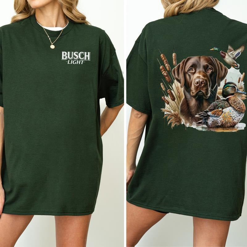 Busch Light Dog and Duck Graphic 2-Sided Shirt, Vintage Mallard Hunting Tshirt, Outdoors Dog Hunting Duck T-shirt, Cotton Fabric Casual Womenswear