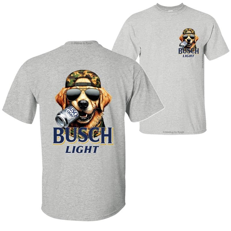 Bush Light Golden Retriever Hunting Dog Biting a Beer Can T-Shirt Sweatshirt Hoodie, 2 Sided Graphic Printed Unisex Classic Comfort Cotton T-Shirt