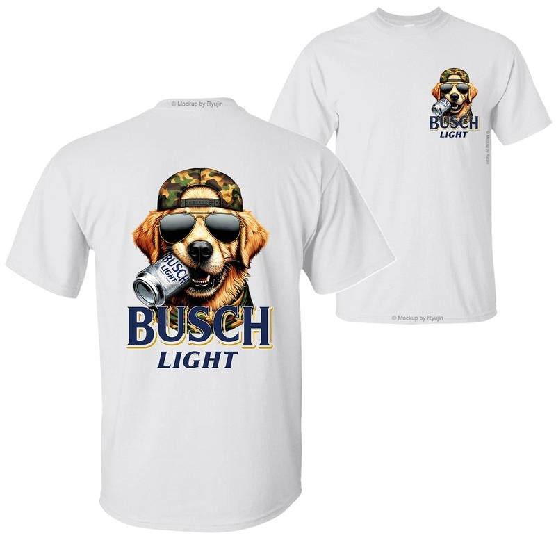 Bush Light Golden Retriever Hunting Dog Biting a Beer Can T-Shirt Sweatshirt Hoodie, 2 Sided Graphic Printed Unisex Classic Comfort Cotton T-Shirt