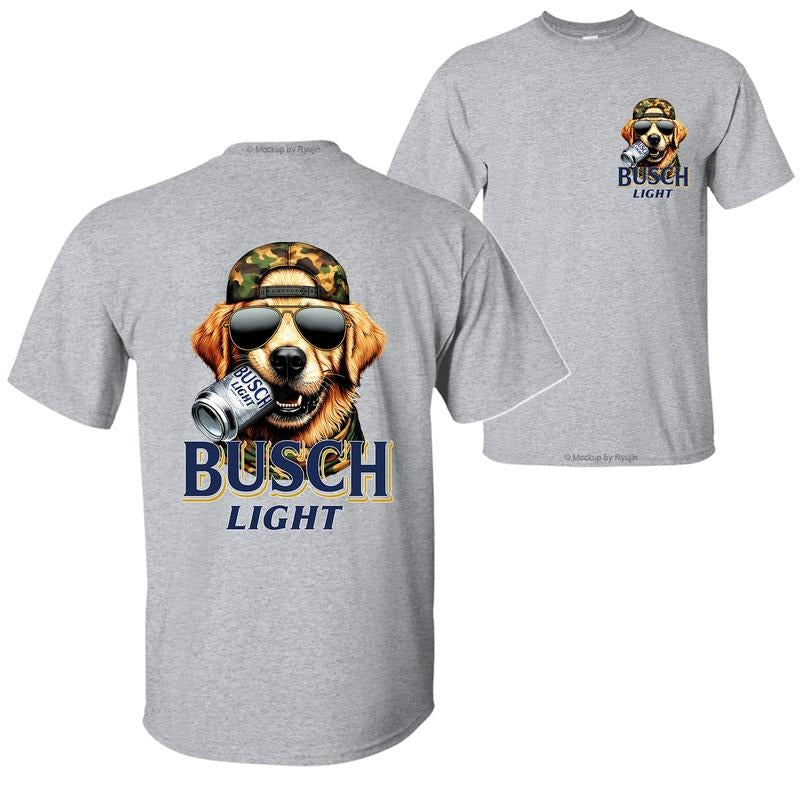 Bush Light Golden Retriever Hunting Dog Biting a Beer Can T-Shirt Sweatshirt Hoodie, 2 Sided Graphic Printed Unisex Classic Comfort Cotton T-Shirt