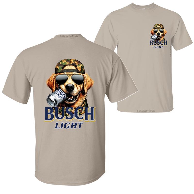 Bush Light Golden Retriever Hunting Dog Biting a Beer Can T-Shirt Sweatshirt Hoodie, 2 Sided Graphic Printed Unisex Classic Comfort Cotton T-Shirt