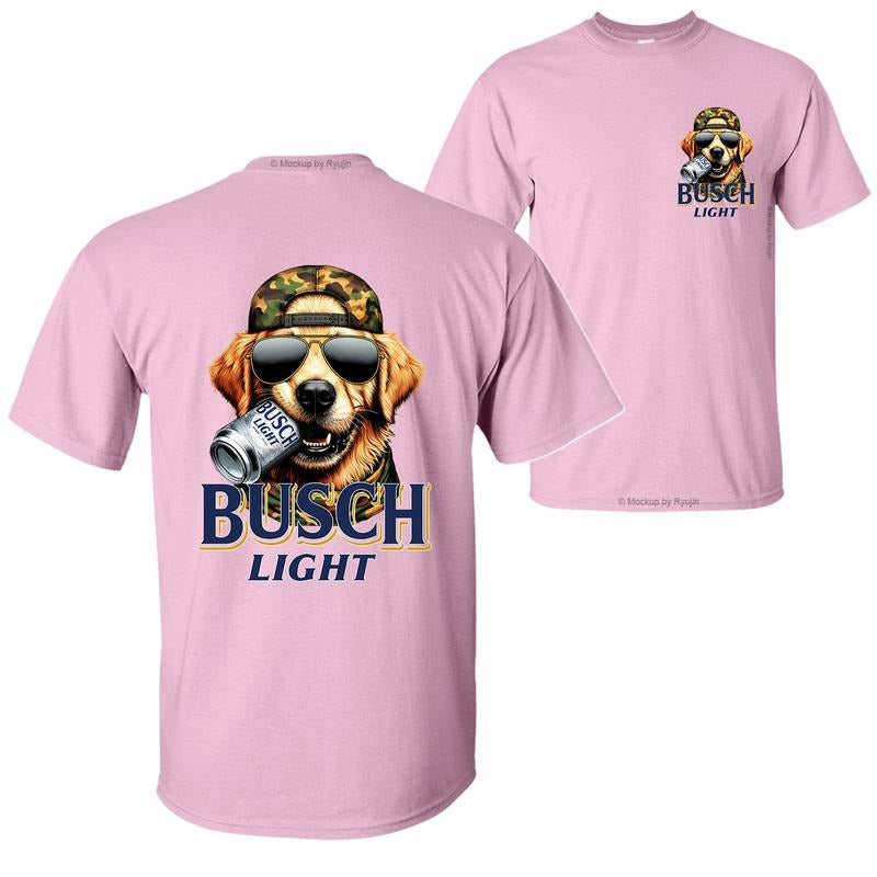 Bush Light Golden Retriever Hunting Dog Biting a Beer Can T-Shirt Sweatshirt Hoodie, 2 Sided Graphic Printed Unisex Classic Comfort Cotton T-Shirt