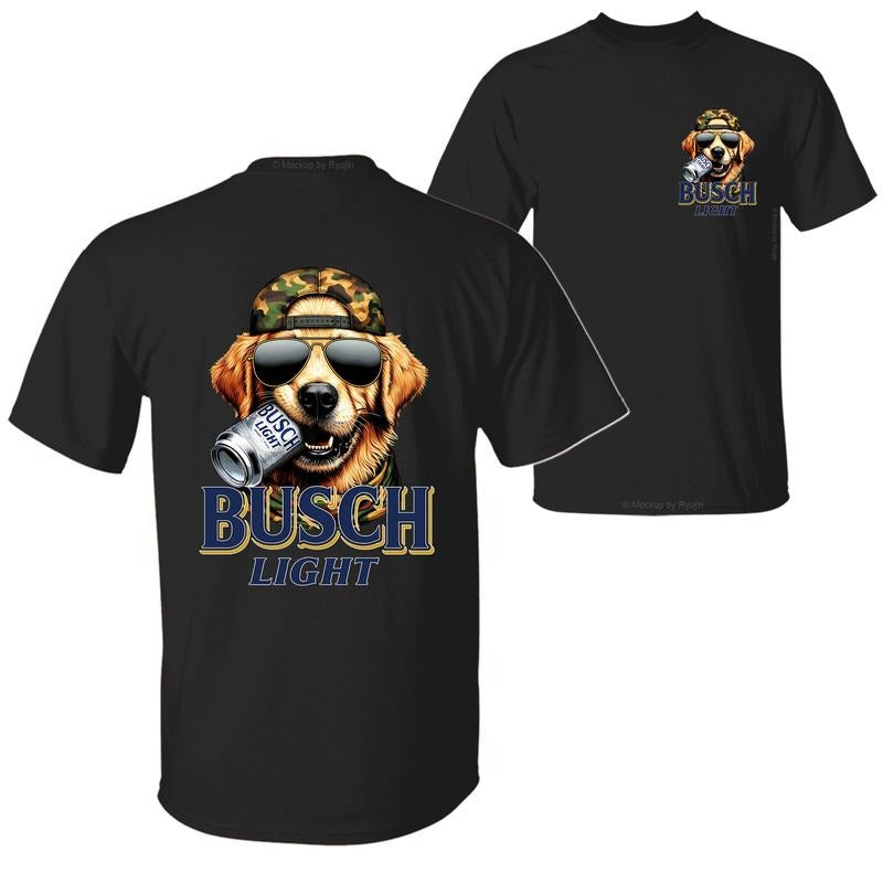 Bush Light Golden Retriever Hunting Dog Biting a Beer Can T-Shirt Sweatshirt Hoodie, 2 Sided Graphic Printed Unisex Classic Comfort Cotton T-Shirt