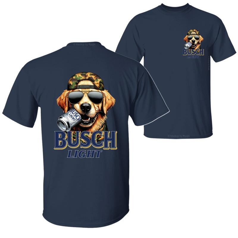 Bush Light Golden Retriever Hunting Dog Biting a Beer Can T-Shirt Sweatshirt Hoodie, 2 Sided Graphic Printed Unisex Classic Comfort Cotton T-Shirt