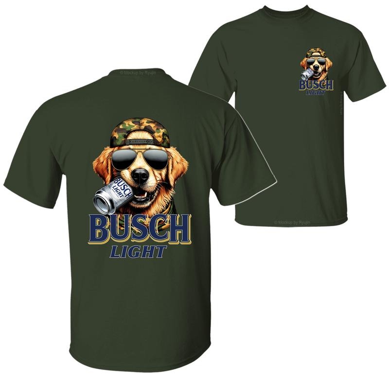 Bush Light Golden Retriever Hunting Dog Biting a Beer Can T-Shirt Sweatshirt Hoodie, 2 Sided Graphic Printed Unisex Classic Comfort Cotton T-Shirt