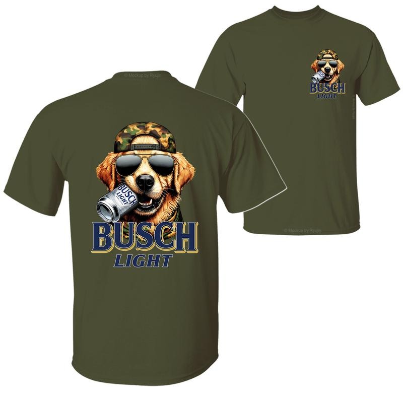 Bush Light Golden Retriever Hunting Dog Biting a Beer Can T-Shirt Sweatshirt Hoodie, 2 Sided Graphic Printed Unisex Classic Comfort Cotton T-Shirt