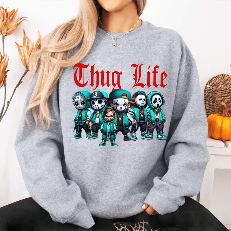 COOL Thug Life Pink Chibi Horror Movie Characters Shirt Sweatshirt, Halloween Shirts Women, Funny Halloween Tee